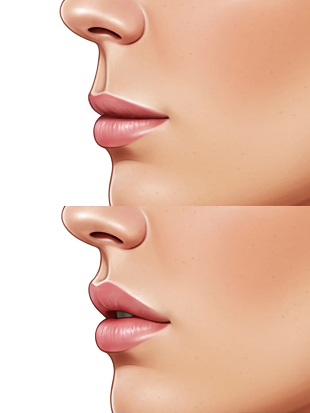 Profile illustration of the upper lip before and after a scarless lip lift with Teoman Dogan, MD PhD in Istanbul