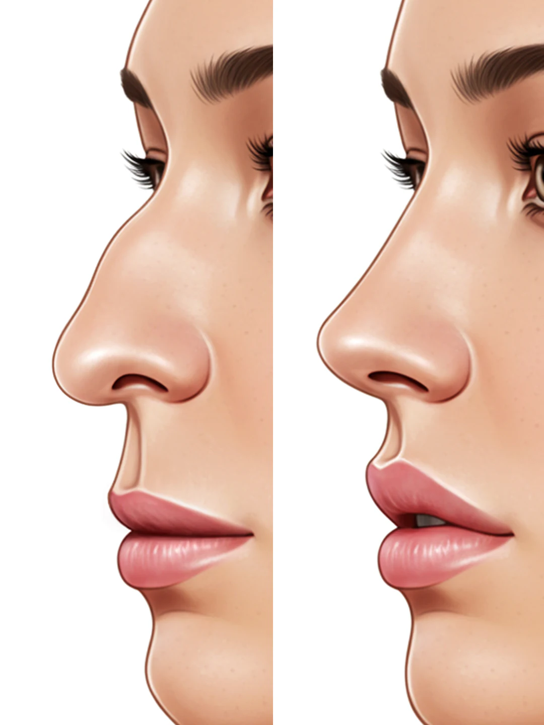 Profile illustration comparing nasal dorsal line and tip rotation before and after rhinoplasty