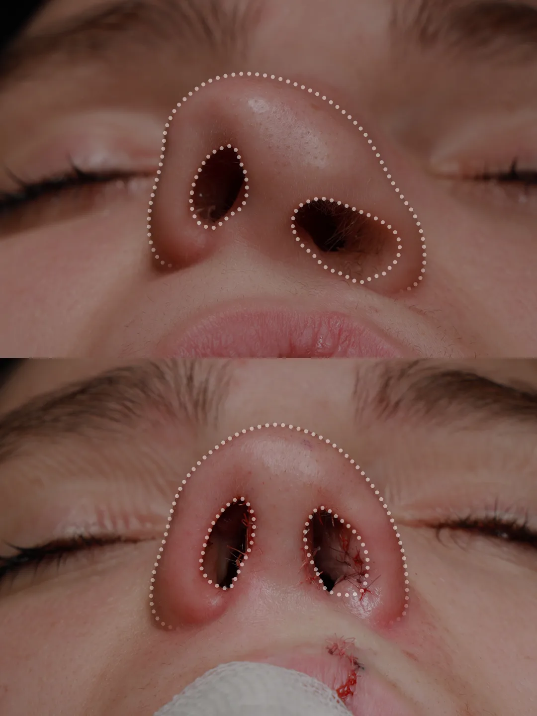 Basal view, nostril outlines marked before and immediately after cleft lip repair and cleft rhinoplasty by Teoman Dogan, MD PhD in Istanbul, case 2